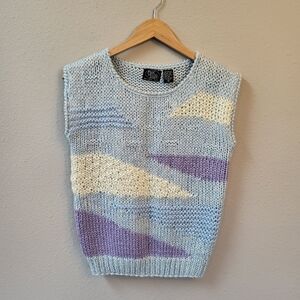 VTG 80s Pullover Sweater Vest Medium Acrylic Pastel Blue Purple Abstract Stripes